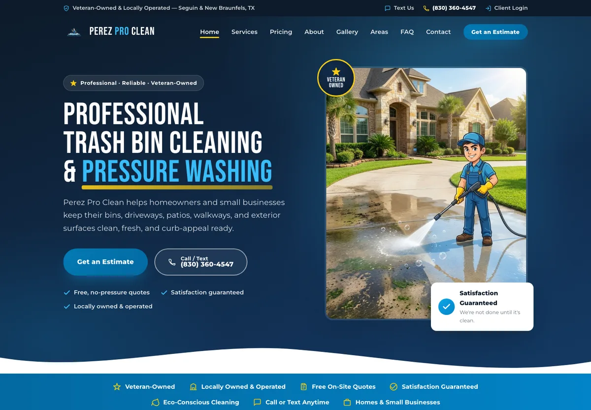 Perez Pro Clean homepage with bold blue and white lettering and a pressure-washing illustration.